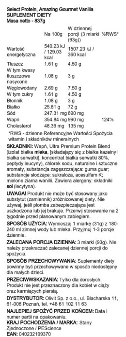Select Protein, Amazing Gourmet Vanilla - 837 grams