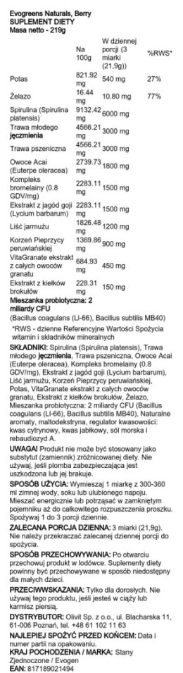 Evogreens Naturals, Berry - 219 grams